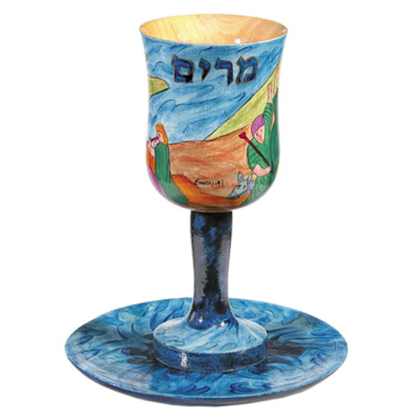 תמונה של גביע קידוש + תחתית - ציור יד על עץ - כוס מרים - CU-5 | יאיר עמנואל