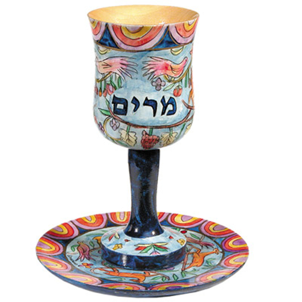תמונה של גביע קידוש + תחתית - ציור יד על עץ - כוס מרים - CU-6 | יאיר עמנואל