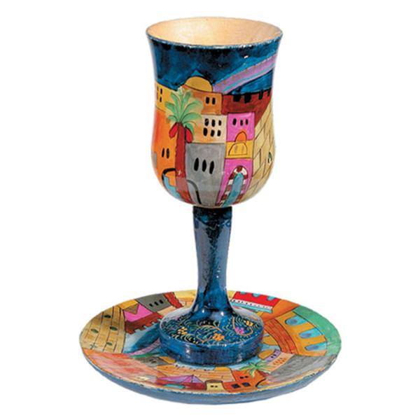 תמונה של גביע קידוש גדולה + צלחת - ציור יד על עץ - ירושלים - CUL-1 | יאיר עמנואל