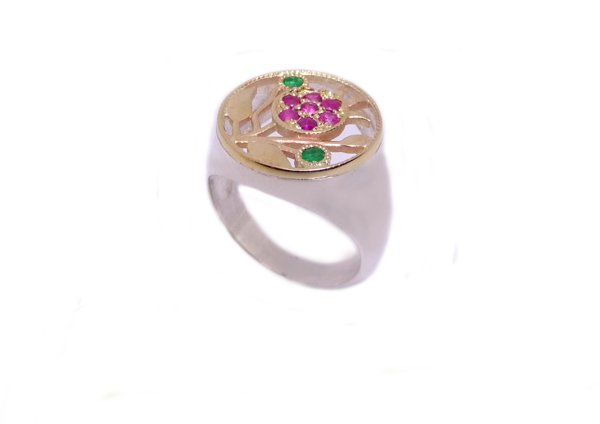 תמונה של טבעת "הרימון" כסף בשילוב זהב עם אבני רובי/אמרלד |