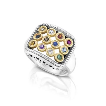 תמונה של טבעת חושן כסף בשילוב זהב עם אבני חן אמתיות |
